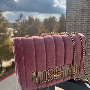 Moschino Velvet Pink Crossbody Bag with Gold Chain
